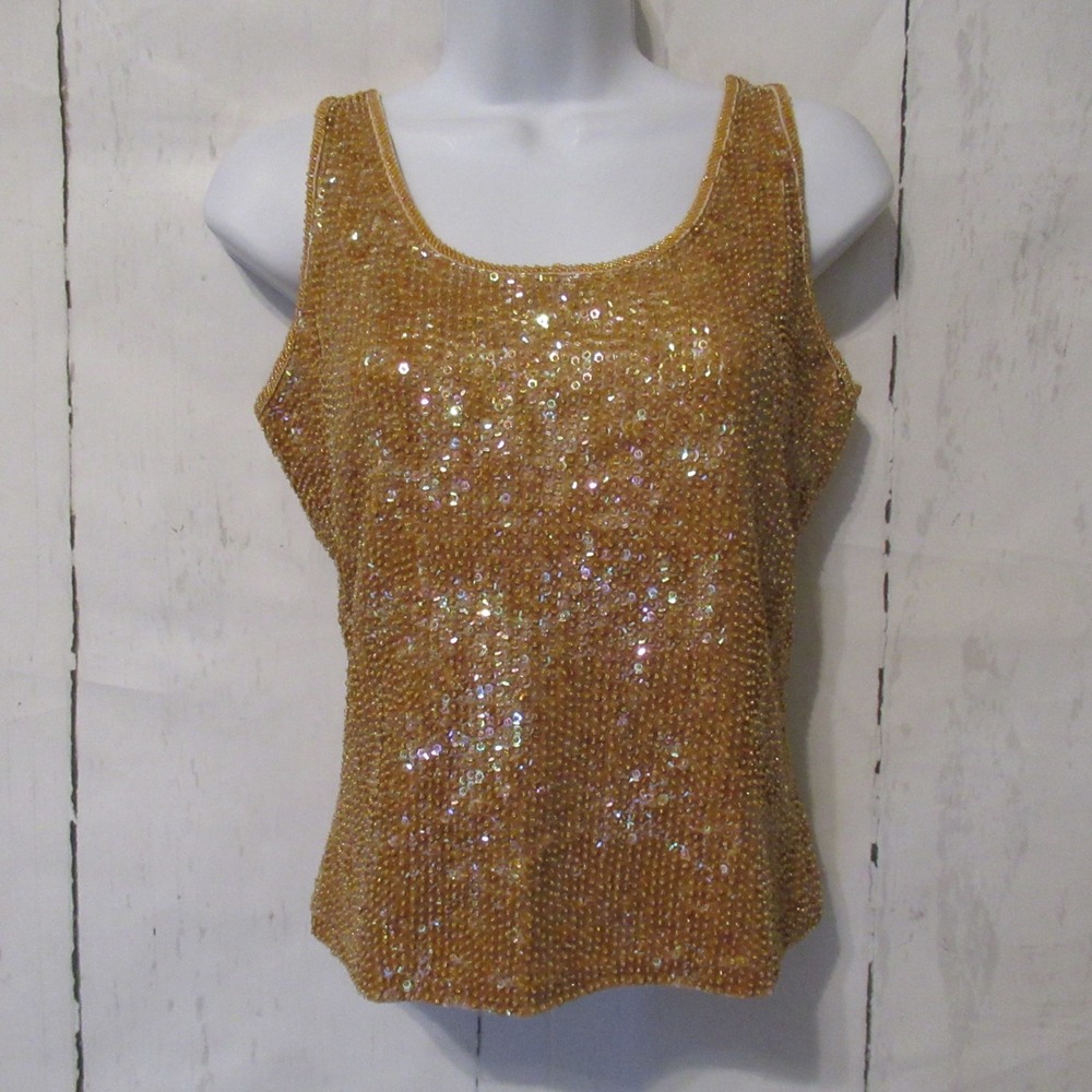 Vintage Bebe Top S M Gold Beaded Sequin Tank Y2K Cocktail Party Irridescent